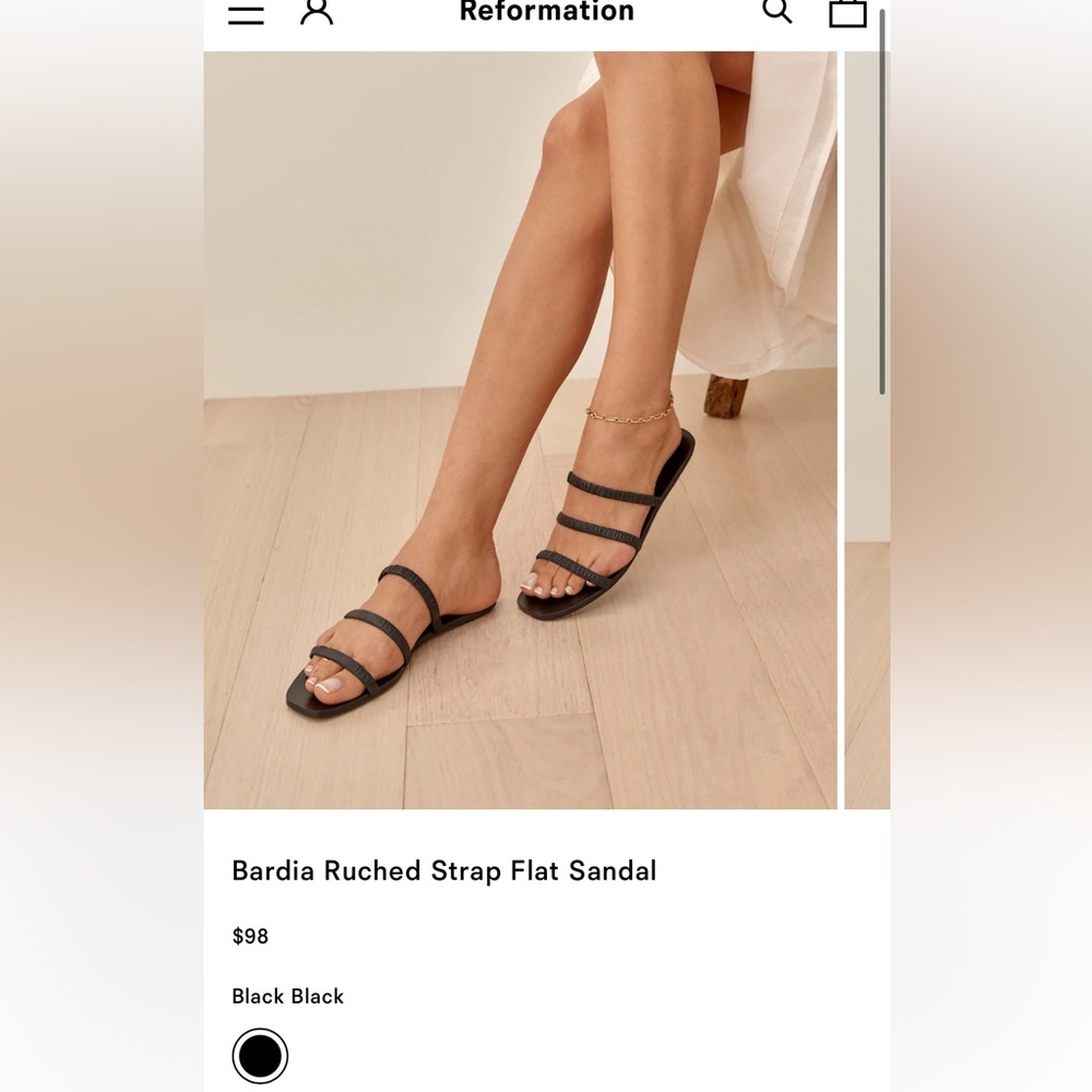 Reformation Bardia Ruched Strap Flat Sandal — Black